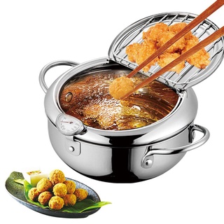 หม้อทอดวัดอุณหภูมิ หม้อทอดเทมปุระ หม้อทอดstainless steel round non stick deep frying pan with lid