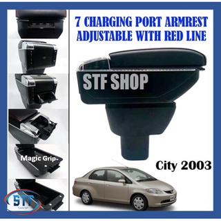 Honda City 2003-2007 ที่พักแขน USB ปรับได้ 7 พอร์ตชาร์จ พร้อมสายสีแดง