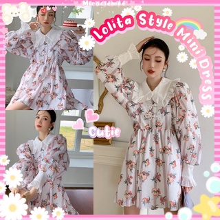 พร้อมส่ง 💕 Lolita Style Mini Dress 💕 คิวท์มาก เดรสคอบัวสีขาว ลายดอกไม้ โทนสีขาว แขนยาว เดรสลายดอกไม้ ชุดตรุษจีน งานป้าย