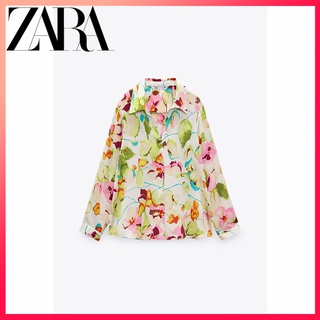 Zara ฤดูใบไม้ผลิ / ฤดูร้อน ใหม่ ผู้หญิง พิมพ์ลายดอกไม้ ผ้าไหมซาติน พื้นผิว เสื้อเชิ้ต