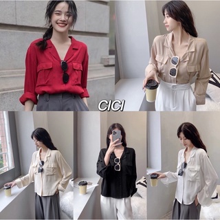 Cici(NO.6069)เสื้อเชิ้ตแขนยาวสีพื้น ดีเทลกระเป๋าตรงอก เนื้อผ้านิ่มทิ้งตัว ทรงสวยสไตล์เก๋