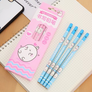 สุดคุ้ม 4 แท่ง! ดินสอไม้ ลายการ์ตูนน่ารัก สีหวานฟ้า ชมพู สไตล์เกาหลี