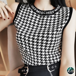 K18💜Korean เสื้อแขนกุดลายชิโนริ ไหมพรมทรงครอป