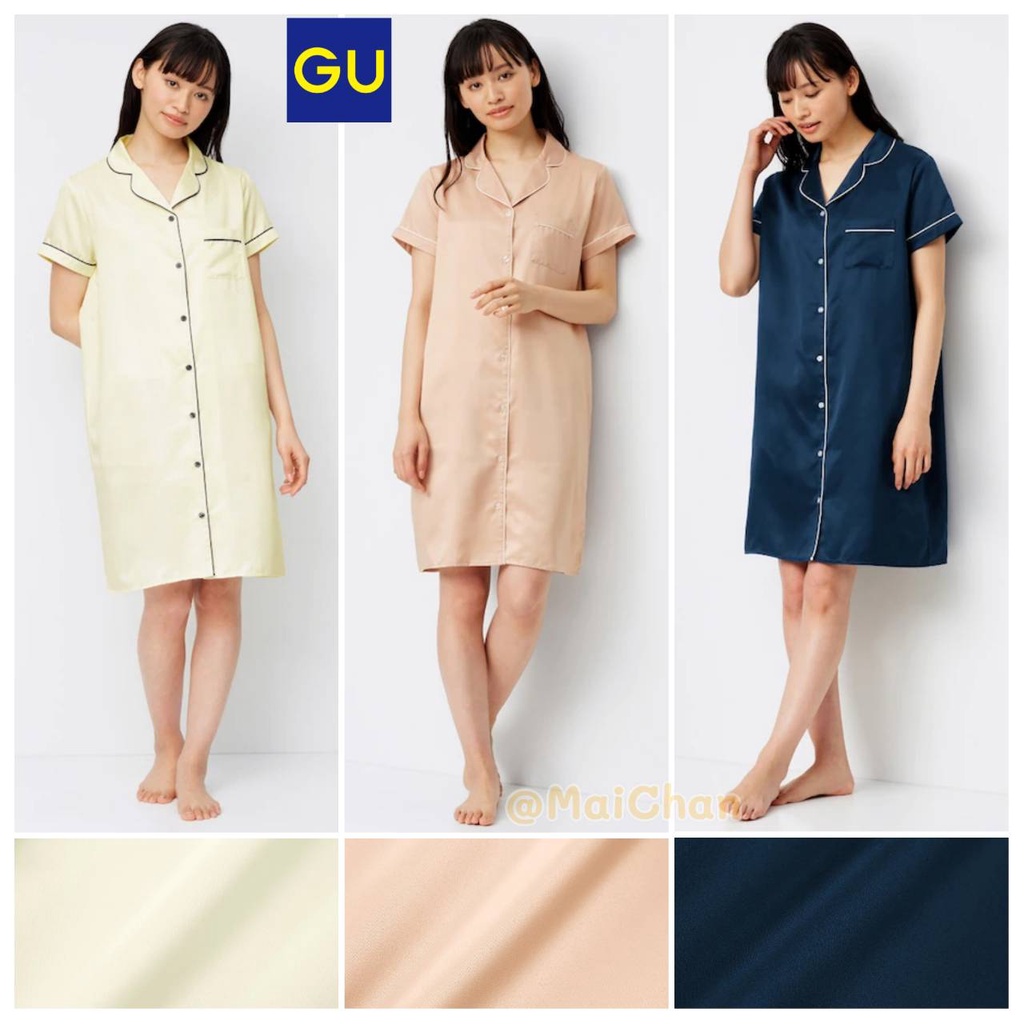 พร้อมส่ง ลายใหม่ G.U. Japan ชุดนอน ผ้าซาติน เดรส กระโปรง แขนสั้น แบรนด์ ...