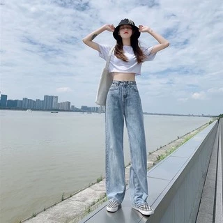 Korean ❣️ ยีนส์ทรงกระบอก สไตส์เกาหลี ด้านข้างแต่งปรับกระดุมได้ ทรงสวย สุดฮิตวัยรุ่นมากๆ มีสองสี </ Girls jeans /> 2099
