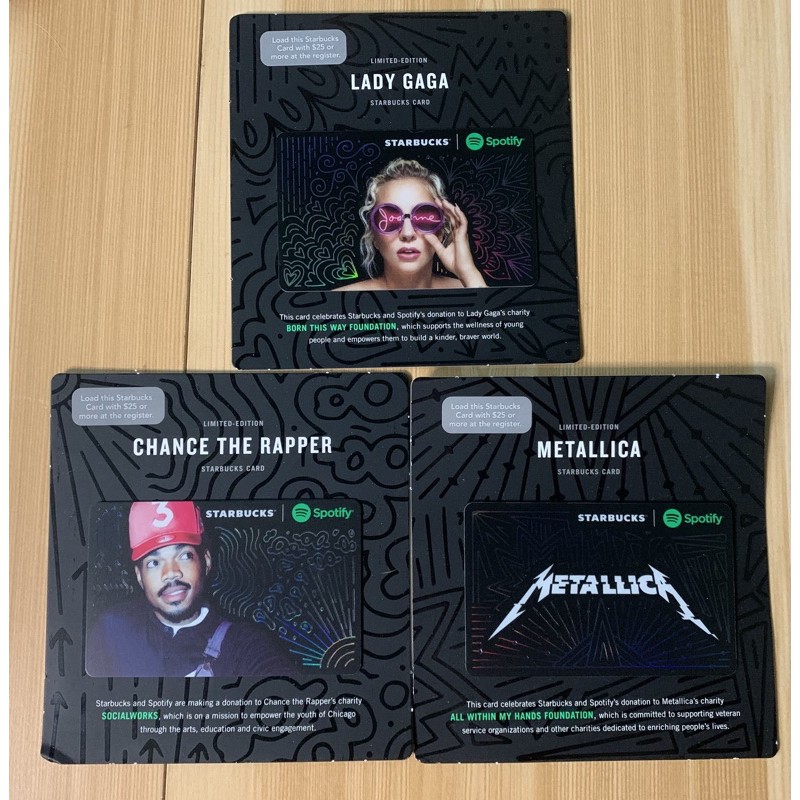 Starbucks 2017 Spotify Lady Gaga Chance The Rapper Metallica 3 Card Lot Set