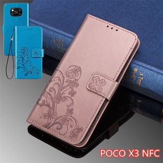 เคสโทรศัพท์กันกระแทก เคสหนังฝาพับ Xiaomi Mi POCO X3 NFC Pro / X3NFC X3Pro X 3 Phone Case Soft Four leaf clover 3D Leather Shockproof Card Slot Wallet Flip Cover Casing Stand Holder With Lanyard