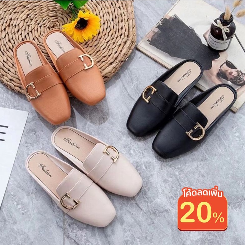 "ใส่โค้ด MTRPDSEP9 ลดเพิ่ม 20%"รองเท้าผู้หญิงแฟชั่นมี3สี รองเท้าคัชชูส์ ปิดหัวเปิดส้น พื้นแบนนิ่มสวมใส่สบาย（666）