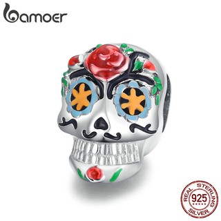 Bamoer 925 Sterling Silver Halloween Skull Oxidized platinum Original Charm for Brand DIY Jewelry Make for women Girl BSC326