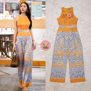 VORA (วอร่า)​ : Jumpsuit​ แขนกุด ขายาวช่วงเอวเข้ารูป พิมพ์ลวดลายผ้าไทย