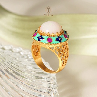 T vera - เครื่องประดับพลอยแท้ แหวนมงกุฎลงยาฝังโอปอล Handcrafted เงินแท้ชุบทอง 22k