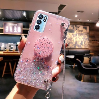 สลิงยาว เคส ออปโป้ Reno6 Z pro 5G เคสโทรศัพท์แบบมีสายและที่ยึด ดีไซน์เลื่อมดาวระยิบระยับ ซิลิโคนใสนิ่ม เคสโทรศัพท์ OPPO Reno 6 Z pro 5G Cover Case