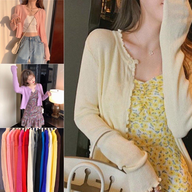 เสื้อคลุมคาดิแกน กระดุมบน แต่งขอบหยักผ้าไหมพรหมเพิ่มความน่ารัก พร้อมส่งทุกสี