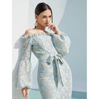 Dress เดรส ยาว ใส่ไปงาน สีฟ้า ปาดไหล่ size S SHEIN