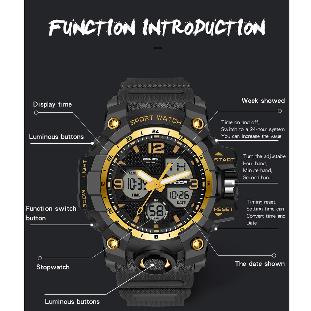นาฬิกาข้อมือผู้ชายกันน้ำ SANDA นาฬิกาสปอร์ตแฟชั่นส่องสว่างสุดหรู LED Outdoor Analog Military Multi-function Men Watch