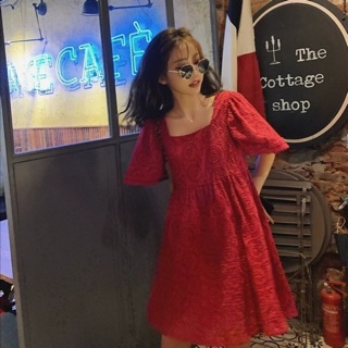 Ruby Lace dress มินิเดรสคอยูผ้าลูกไม้ฉลุสีแดง