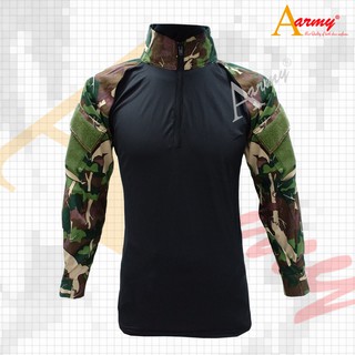 เสื้อคอมเเบตเชิ้ต / Combat Shirt / เสื้อ Spandex ลำตัวดำ แขนลายป่าไม้พิมพ์น้ำ รุ่น1