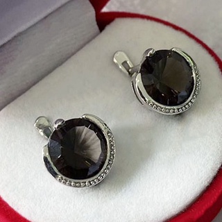 P6427 ต่างหูพลอยสโมกกี้ควอตซ์แท้ ( Smoky Quartz ) ตัวเรือนเงินแท้ 925 ชุบทองคำขาว