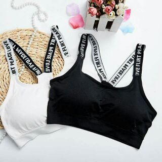 พร้อมส่ง สปอร์ตบรา Love Flirt Peace สายตัวหนังสือ ชุดออกกำลังกาย Sportbra มีฟองน้ำ ผ้าดีมาก