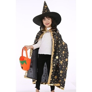 ชุดเด็ก ชุดฮาโลวีน ชุดแม่มด ผ้าคลุมและหมวก สีดำลายดาวทอง Black GoldStar The Witch Halloween