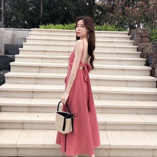 พร้อมส่ง ใส่แค่ถ่ายรูปครั้งเดียว Maxi dress เดรสยาวสายเดี่ยว เดรสยาว หลังผูกโบว์ กระโปรงบานใส่สบาย ใส่ออกงาน ใส่เที่ยว