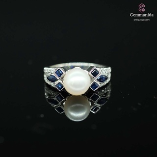 แหวนมุก ไพลิน และ white sapphire ขนาด 53