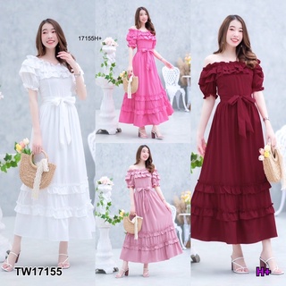 แม็กซี่เดรสยาวสีพื้นเปิดไหล่ ผูกเอว TT17155 Floor length maxi dress with open shoulders, tied at the waist