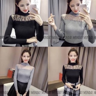 เสื้อไหมพรมคอปีน แต่งซีทรูปักเพชรช่วงบน