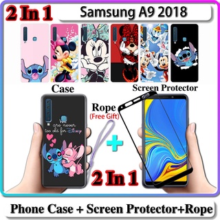 2 IN 1 เคส Samsung A9 2018 เคส พร้อมกระจกนิรภัย โค้ง เซรามิก ป้องกันหน้าจอ สติช และมินนี่