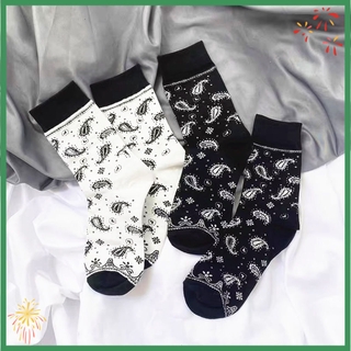 Mid Tube Socks Women Ins Trendy Hip Hop Cashew Flower Socks Black And White Street Sports Mens Medium Socks