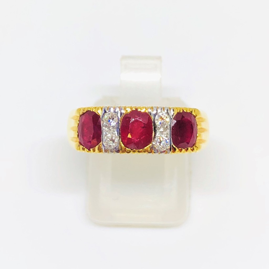 💍หลุดจำนำ size 55; แหวนทอง แถว พลอยแดง ทับทิมพม่า เพชรแท้ A25955R