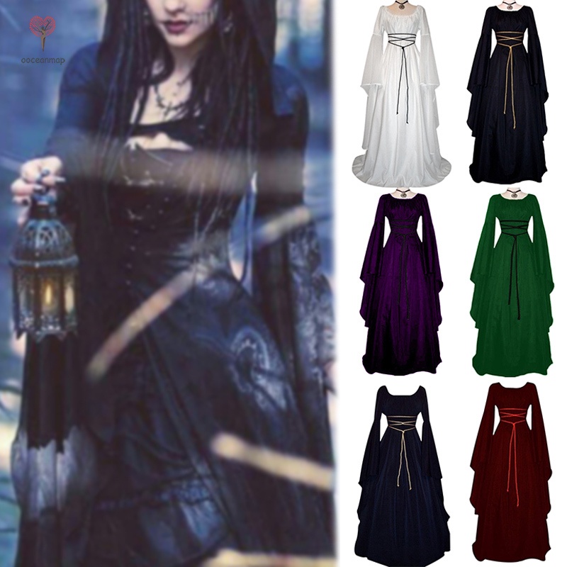 Women Vintage Style Medieval Maxi Dress Lace Up Gothic Masquerade Dress Mid Waist Crew Neck Halloween Long Sleeve #1