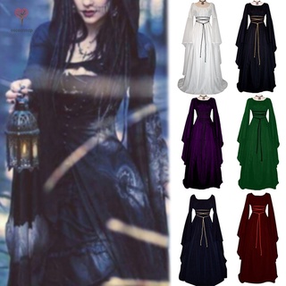 Women Vintage Style Medieval Maxi Dress Lace Up Gothic Masquerade Dress Mid Waist Crew Neck Halloween Long Sleeve