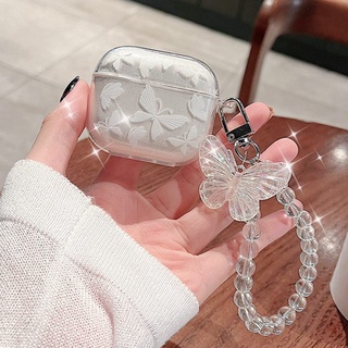 เคสหูฟังบลูทูธ TPU นิ่ม แบบใส ลายผีเสื้อ พร้อมสายโซ่ สําหรับ Airpods 1 2 3 Pro