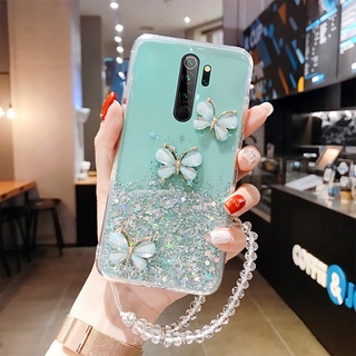 เคสโทรศัพท์มือถือแบบนิ่ม TPU ใส ลายผีเสื้อ 3D กลิตเตอร์ ระยิบระยับ พร้อมสายคล้องคริสตัล สําหรับ Xiaomi Redmi Note 12 Pro Plus 12S 10 11 Pro 10S 11S