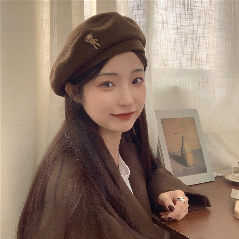หมวกเบเร่ต์ ผ้าวูล ลายหมีน่ารัก สไตล์วินเทจ รูปที่ 2
