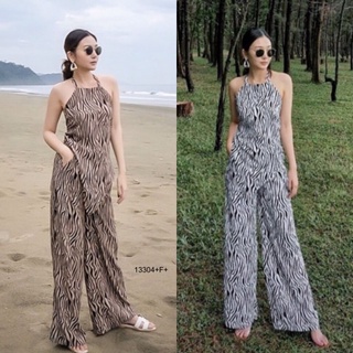 B13304 Set 2 ชิ้น เสื้อสายเดี่ยวผูกหลัง + กางเกงขายาวลายม้าลาย Set of 2 pieces. One-shoulder shirt + zebra pattern pants