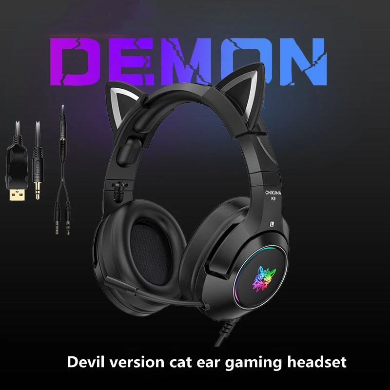¤ New Arrival K9 Black Demon Version Cat Ear Gaming Headset With Mic RGB Luminous Wired Gamer