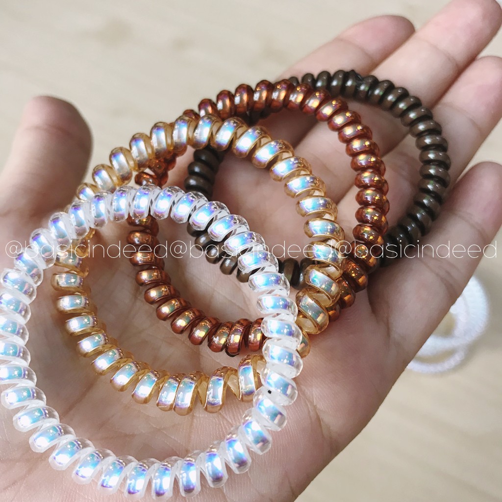 Basic Indeed [1 เส้น] ยางรัดผมเกลียวสีเมทัลลิคโฮโลแกรม วงใหญ่แบบ Slim ยางเกลียว ออกใบกำกับภาษีได้