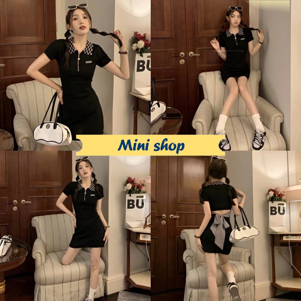 Mini shop🌸พร้อมส่ง🌸(4927) ชุดเดรสไหมพรม คอปกแขนสั้นรัดรูปสุดเท่ -C