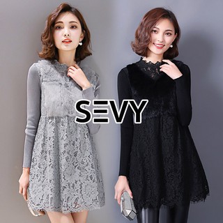 Sevy Fur Bust Knit Sleeve Lace Combined Mini Dress