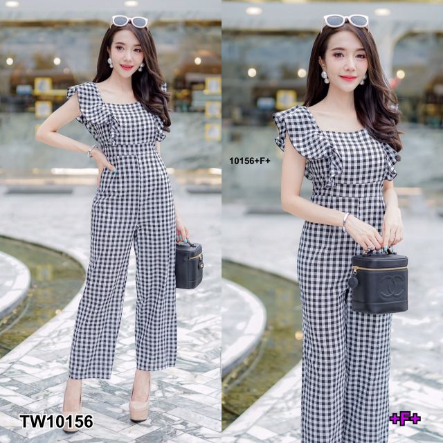 PE10156 Jumpsuit จั้มสูทคอเหลี่ยมสายระบายลายสก็อต