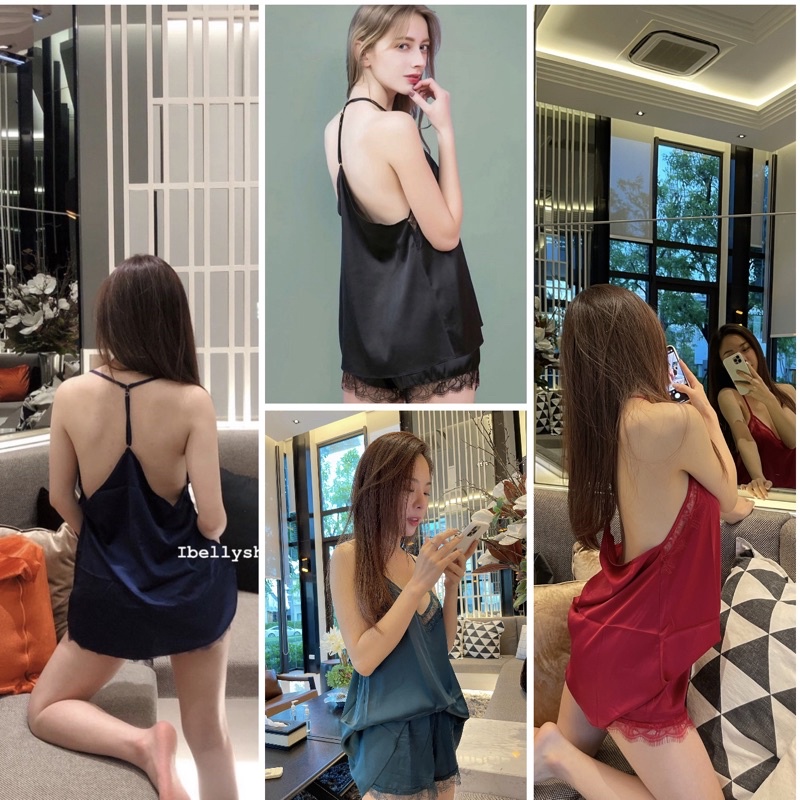 ชุดนอนสายเดี่ยวผ้าซาติน + กางเกงขาสั้น (ibelly545)