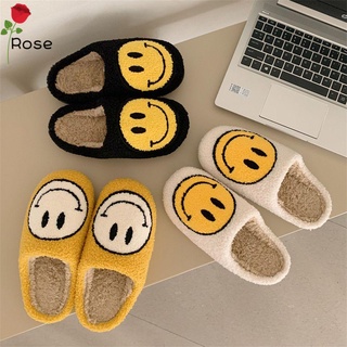 ROSE Winter Womens Slippers Warm Slip-on Slippers Smiley Face Comfy Soft Plush Slip-on Retro Bedroom Shoes/Multicolor