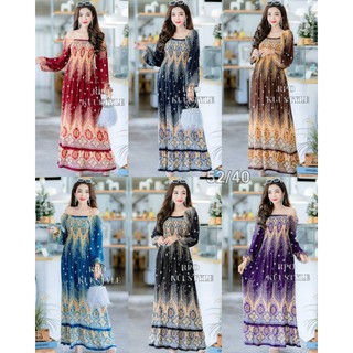 #52/40 Maxi dress bigsize แมกซี่เดรสลายนกยูงทองใส่ได้สองแบบ แขนยาวคอปาดใส่ยางดึงสม้อคใส่ได้สองแบบ