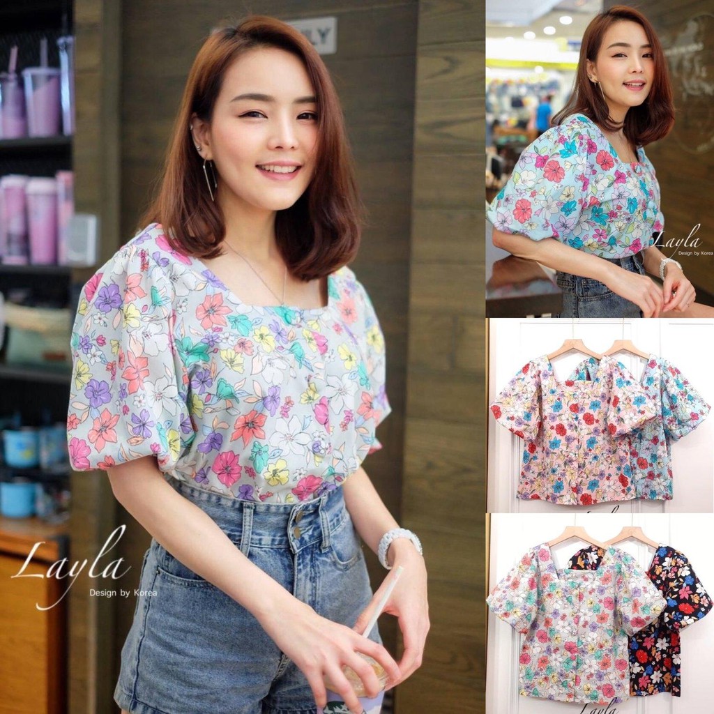 Code no:2003022509-Layla เสื้อคอตตอนเนื้อดีลายดอกไม้สีสันสดใส ทรงแขนตุ๊กตาคอเหลี่ยม  กระดุมพิมลายผ่า