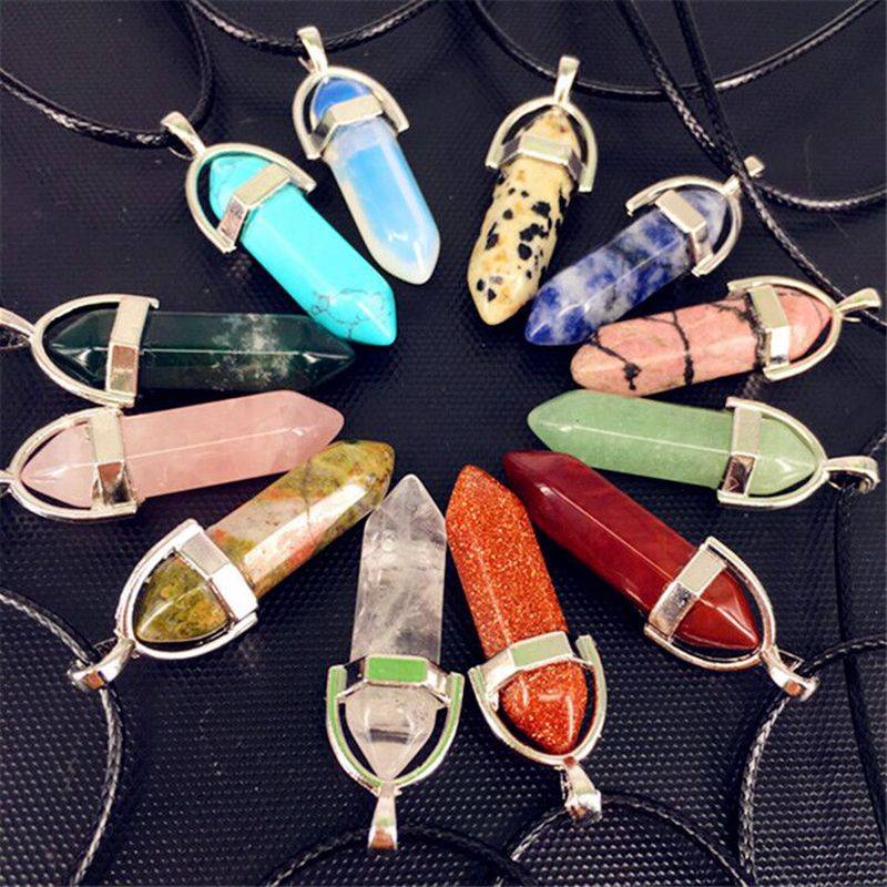 ธรรมชาติเหลี่ยมเพชรพลอยคริสตัลจี้รักษาชี้หินสร้อยคอ ซิลเว สีชมพูกุหลาบควอตซ์อาเกตขี้ผึ้งเชือกสร้อยคอโซ่1ชิ้น