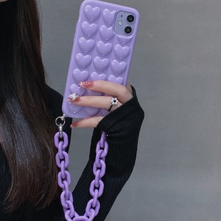 เคสโทรศัพท์มือถือนิ่ม ลายหัวใจ สีม่วง สามมิติ พร้อมสายโซ่คล้อง สําหรับ Apple iPhone 15 14 13 12 11 Pro Max XS XR 7 8 Plus