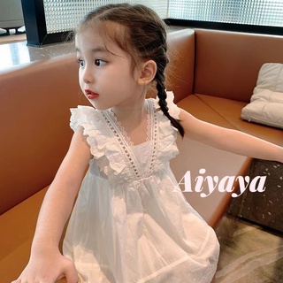 Aiyaya เดรสเด็กผู้หญิง ชุดเอวลอยเด็กผู้หญิง ดรสยาวสีขาว ชุดวินเทจเด็กผู้หญิง（235）