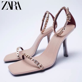 Zara รองเท้าแตะส้นสูง เปิดนิ้วเท้า แต่งสายโซ่ สไตล์แอปริคอท เซ็กซี่ หรูหรา แฟชั่นฤดูร้อน สําหรับผู้หญิง 2022